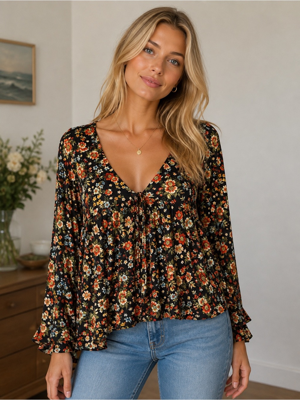 Farm Rio Floral V-Neck Women's Top - Boho Long Sleeve